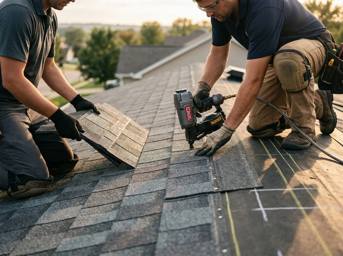 Professional roofer working on a residential roof in West Greenwich